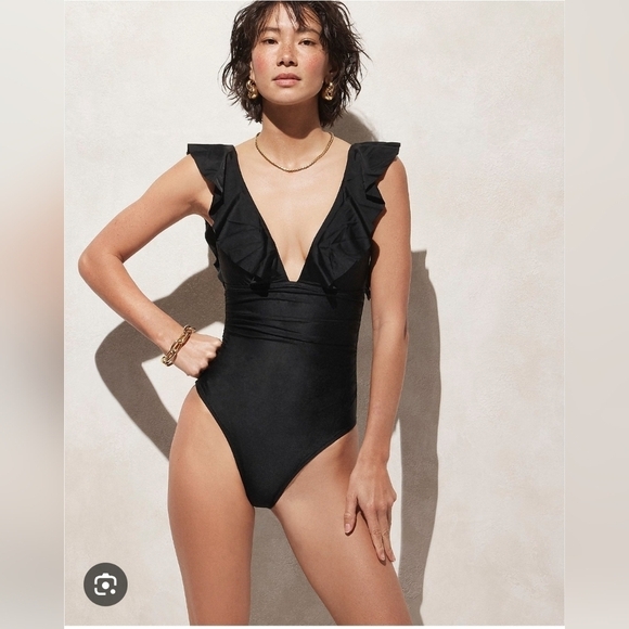 J.Crew Ruched Ruffle One Piece Swimsuit Black Sz 14 Beach Minimalist NWOT